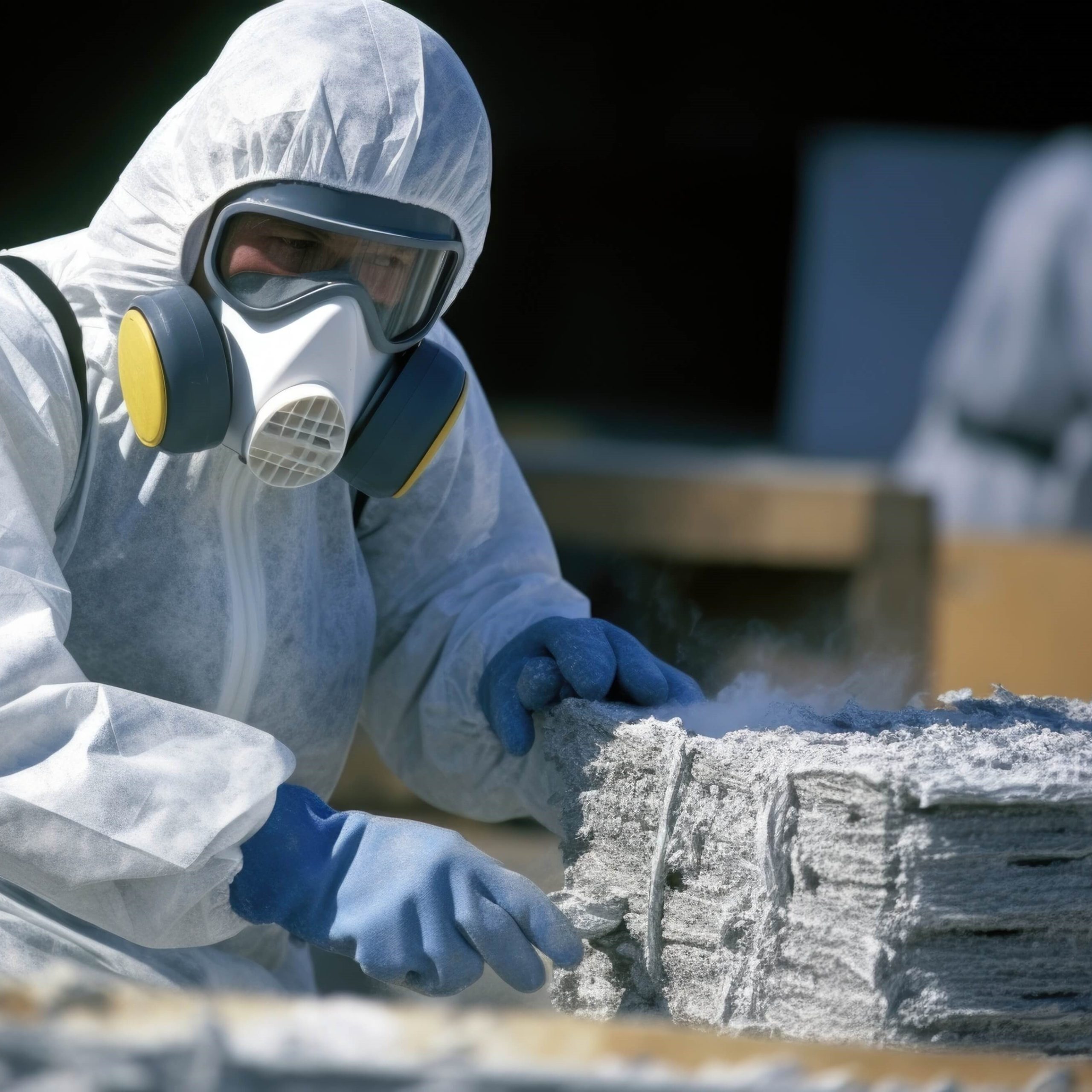 A man removing asbestos wearing full safety gear